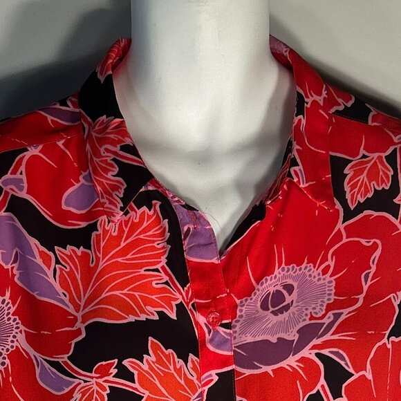 Who What Wear SZ XXL Silky Red Abstract Floral Button Front Shirt Modern Relaxed - Picture 2 of 7
